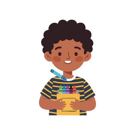 Illustration shows a smiling boy holding a box of colorful crayons wearing a striped shirt, presenting a cheerful mood.のイラスト素材