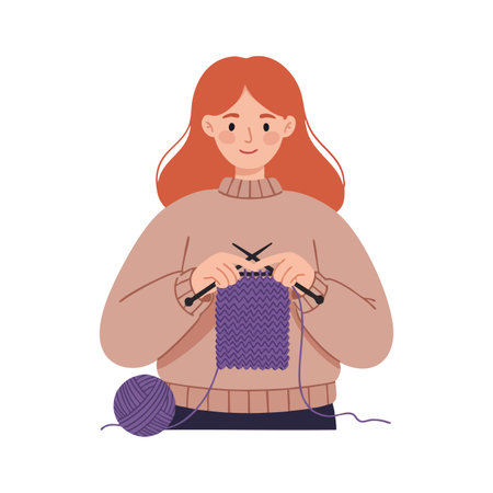 Woman with red hair knits a purple scarf using knitting needles while wearing a beige sweater in a calm and focused mood.のイラスト素材