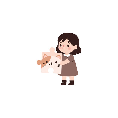 A young girl holds a cat-shaped puzzle piece, smiling gently in a simple, charming vector style. The mood is warm and playful.のイラスト素材