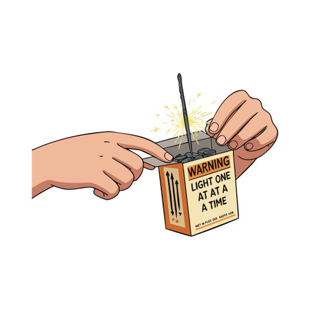 Illustration shows two hands lighting a single firework with a clear safety warning on the box, emphasizing caution and care. Calm mood.のイラスト素材