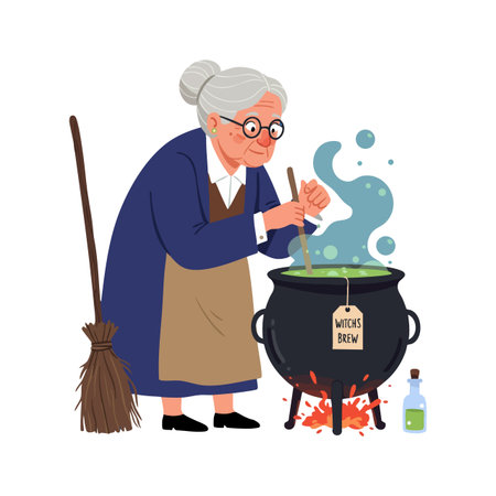 Elderly woman in apron stirs a steaming witches brew potion in a cauldron over fire with broom nearby, in a charming scene. Cheerful mood.のイラスト素材