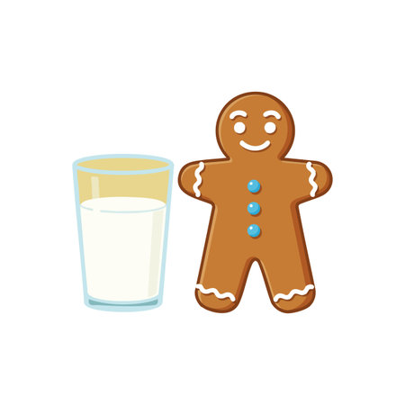 Illustration shows a smiling gingerbread man cookie with blue buttons next to a glass of milk on a white background. Cheerful holiday mood.のイラスト素材