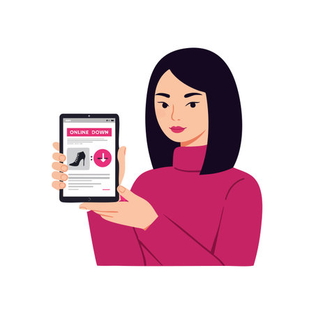 Woman presents a tablet with an online shopping download screen, dressed in a pink sweater, in a clean digital vector style. Calm mood.のイラスト素材