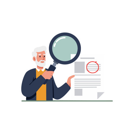 Elderly man with white hair carefully inspects document using magnifying glass highlighting a section, conveying focus and scrutiny mood.のイラスト素材