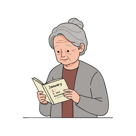 Elderly woman reads calendar marking January first as a new beginning in a calm and reflective mood.のイラスト素材