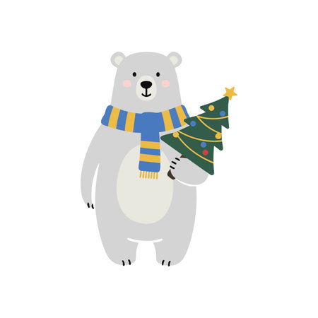 Illustration shows a friendly polar bear holding a decorated Christmas tree, wearing a striped scarf, evoking festive winter cheer mood.のイラスト素材