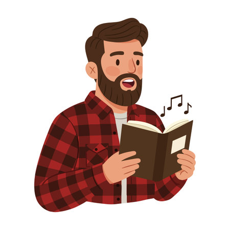 Man with beard and checkered red shirt sings from an open book with musical notes, expressing joy and creativity. Cheerful mood.のイラスト素材