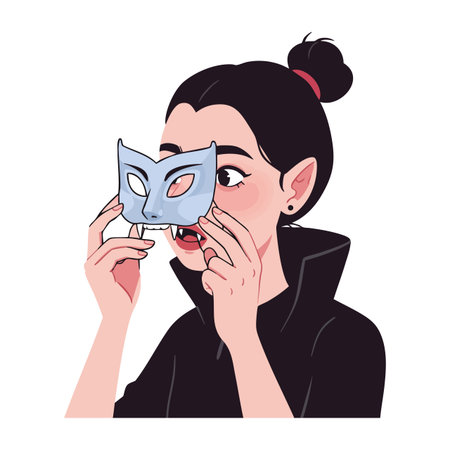 A young woman holds a blue cat mask near her face wearing a black jacket in a natural portrait illustration style. Calm mood.のイラスト素材
