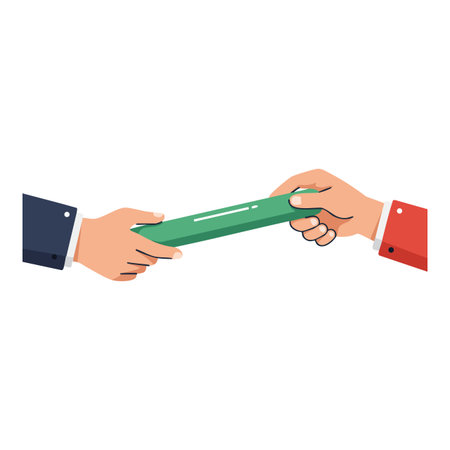 Two hands pass a green baton representing teamwork and cooperation in a business environment, conveying collaboration and partnership mood.のイラスト素材
