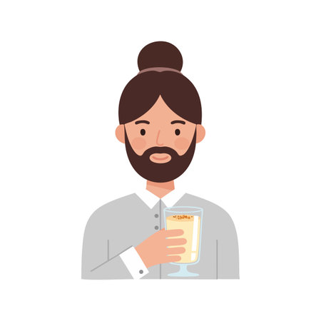 Illustration shows a bearded man with bun hairstyle holding a latte coffee in a transparent glass cup. The style is clean and modern, calm mood.のイラスト素材