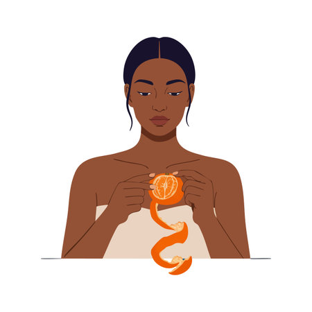 Illustration shows a woman peeling an orange fruit with concentration, featuring natural skin tones and a simple white background, calm mood.のイラスト素材