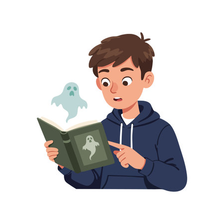 A boy reads a spooky ghost book with a surprised expression as a small ghost floats above the pages in a playful scene. Curious mood.のイラスト素材