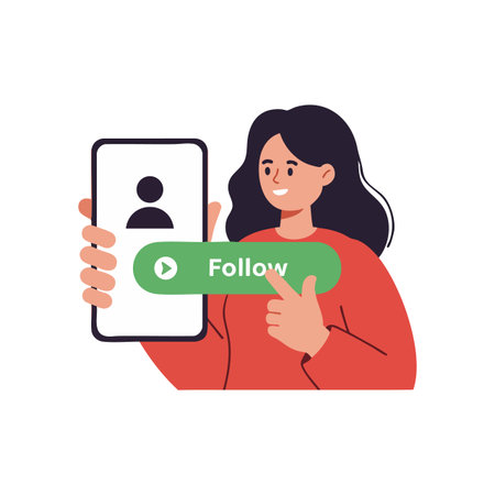 Woman with long dark hair holds smartphone displaying follow button in green, smiling and pointing at screen, digital connection theme, cheerful mood.のイラスト素材