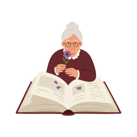 Elderly woman with glasses holds a violet flower while reading a large open book in burgundy sweater, conveying calm and thoughtful mood.のイラスト素材