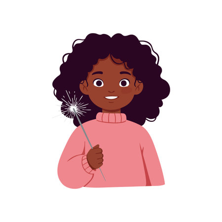 Young girl with curly hair holds a glowing sparkler in her hand, dressed in a pink sweater, celebrating joyfully and happily.のイラスト素材