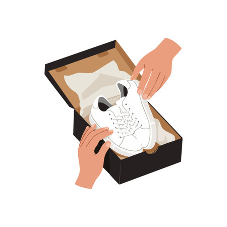 Illustration shows hands opening a black shoe box with white sneakers inside, capturing a neat and modern unboxing moment. Calm mood.のイラスト素材