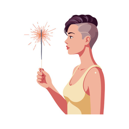 Illustration shows a young woman with a short hairstyle holding a lit sparkler, viewed in profile with calm and focused mood.のイラスト素材