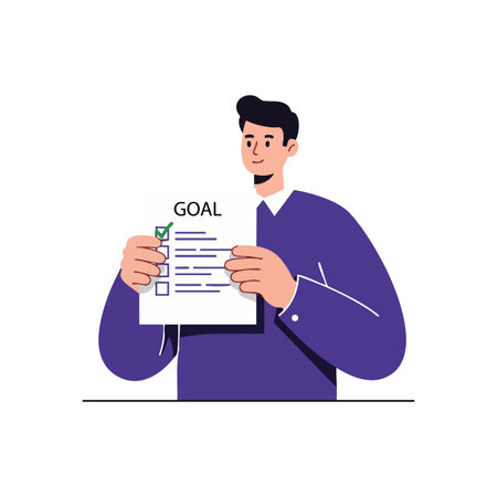 A man in purple shirt holds a checklist with a green checkmark next to the goal, symbolizing success and accomplishment in a clean vector art style. Motivational mood.のイラスト素材