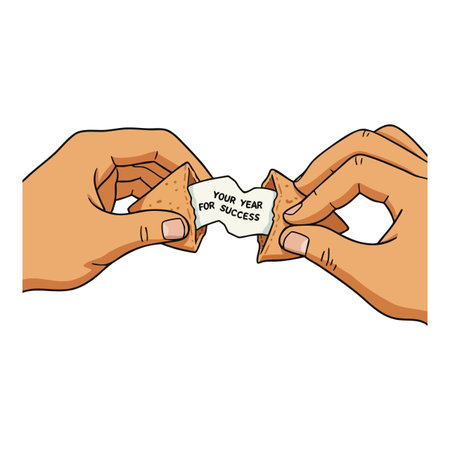 Illustration shows hands breaking a fortune cookie revealing a motivational message about success, conveying encouragement and positive outlook. Optimistic mood.のイラスト素材