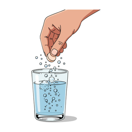 Hand drops an effervescent tablet into a glass of water, causing bubbles to rise actively in clear liquid, bright and refreshing mood.のイラスト素材