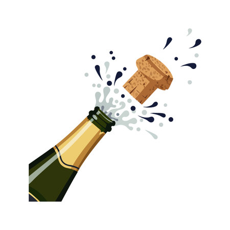 Illustration shows champagne bottle with cork popping and sparkling bubbles in a festive mood. Bright and dynamic scene.のイラスト素材