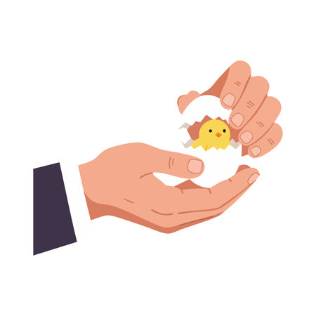 Illustration shows hands gently holding a newly hatched yellow chick breaking out from eggshell in a simple style, conveying care and birth. Calm and tender mood.のイラスト素材