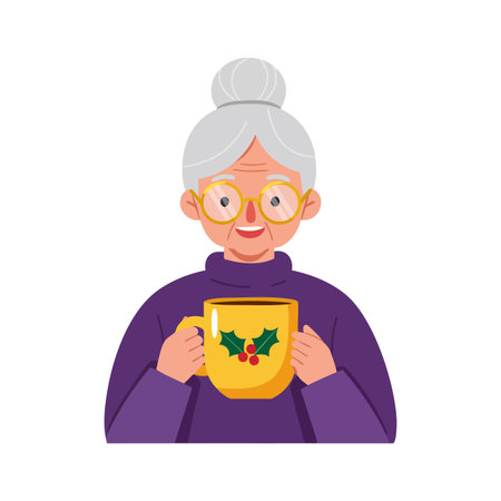 Illustration shows elderly woman with gray hair and glasses holding a yellow cup with holly design, wearing a purple sweater, peaceful mood.のイラスト素材