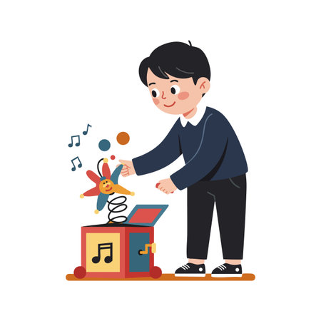 Boy in dark clothes plays joyfully with a musical jack in the box toy. The scene shows happiness and playful mood.のイラスト素材