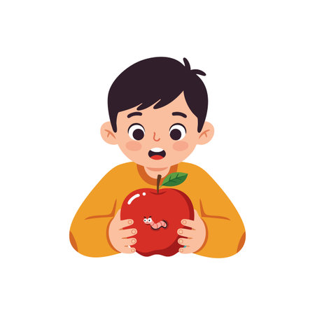Illustration shows a boy with black hair and orange sweater holding a red apple with a worm inside, expressing surprise and curiosity. Cheerful mood.のイラスト素材