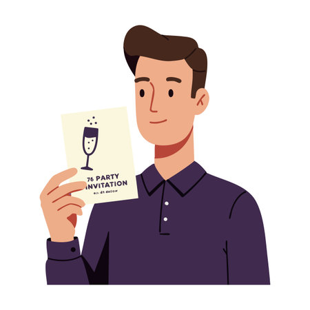This vector shows a young man holding a party invitation card, wearing a dark shirt with a slight smile, conveying a friendly mood.のイラスト素材