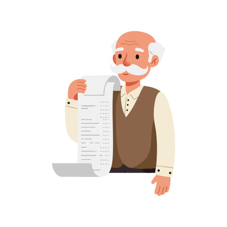 Elderly man with white hair and mustache holds a long receipt and looks thoughtfully in casual clothing. Calm and reflective mood.のイラスト素材