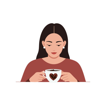 Woman holds cup with heart shaped latte art, eyes closed in calm moment, enjoying warm drink peacefully. Relaxed mood.のイラスト素材