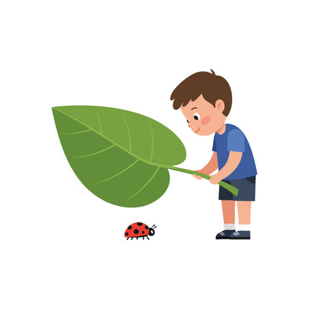 Boy in blue shirt holding a large green leaf while watching a red ladybug on the ground, showing curiosity and nature connection. Cheerful mood.のイラスト素材