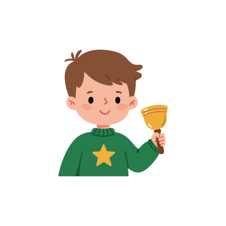 Boy holds a small golden bell, wearing a green sweater with a yellow star, smiling happily. Cheerful mood.のイラスト素材