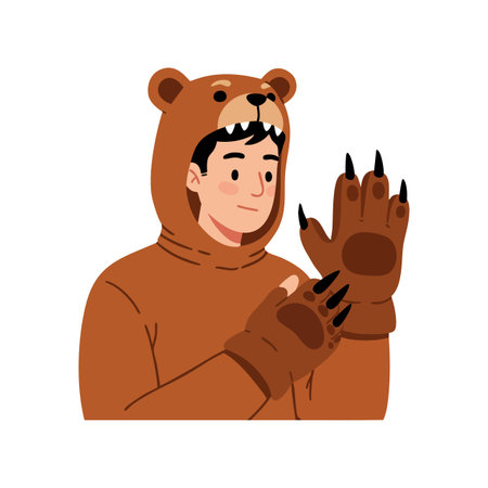 Illustration shows a man dressed in a brown bear costume with claws and hood, expressing playful mood.のイラスト素材