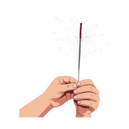 Vector illustration shows two hands holding a lit sparkler with glowing sparks in a simple white background, creating a festive mood.のイラスト素材