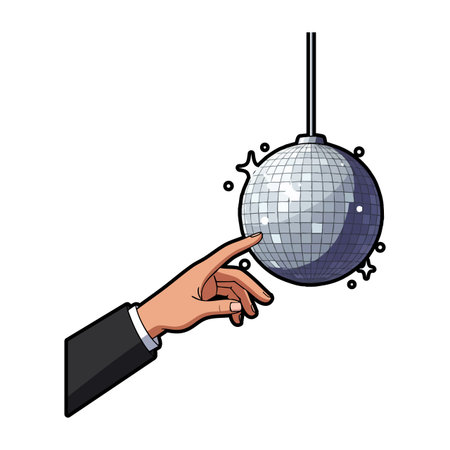 Illustration shows a hand reaching out to touch a silver disco ball hanging from above, evoking lively party and dance vibes. Energetic mood.のイラスト素材