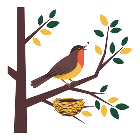 Illustration shows a bird sitting on a tree branch near a nest with yellow and green leaves in a calm natural setting. Peaceful mood.のイラスト素材
