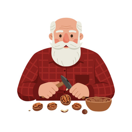Illustration shows elderly man with white beard cracking walnuts with a knife at table in calm setting. Friendly mood.のイラスト素材