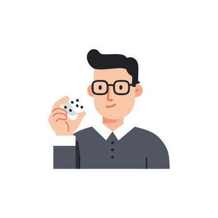 Illustration of a man with glasses holding a small object, dressed in a dark shirt, depicted in a flat vector style. Calm mood.のイラスト素材