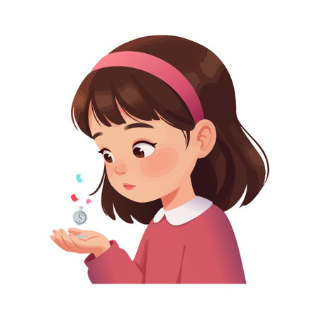 Illustration shows a young girl with brown hair and pink headband focused on a spinning top toy in her hand, calm mood.のイラスト素材