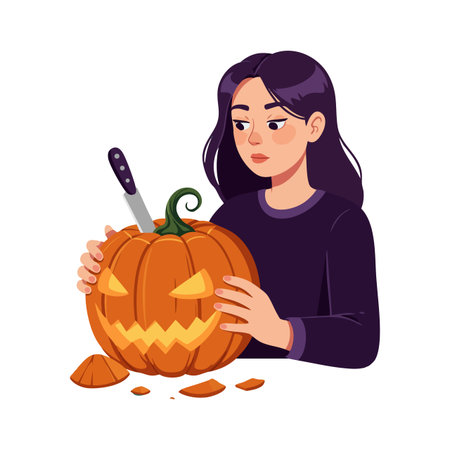 Girl carefully carves a spooky Halloween pumpkin using a knife in autumn, creating a festive and creative seasonal mood.のイラスト素材