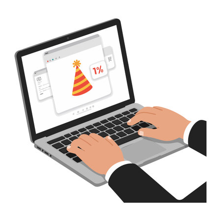 Illustration shows hands typing on laptop with a party hat and discount percent displayed on screen in bright colors, creating festive mood.のイラスト素材