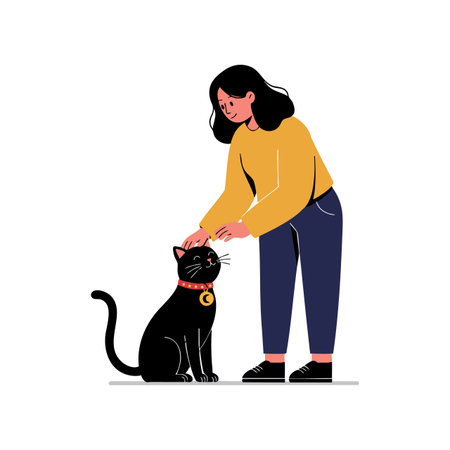 Illustration shows a woman in casual clothes gently petting a black cat with a collar, creating a calm and friendly atmosphere.のイラスト素材