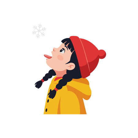 Child wearing red hat and yellow coat catches a snowflake with their tongue in a winter scene, conveying a joyful and playful mood.のイラスト素材