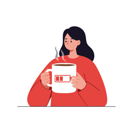 Woman with black hair holds a steaming coffee cup featuring a low battery symbol, illustrating tiredness or need for energy, calm mood.のイラスト素材