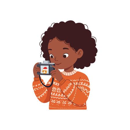 Child with curly hair wears an orange sweater and uses a camera to take a photo, focusing intently in a bright mood.のイラスト素材