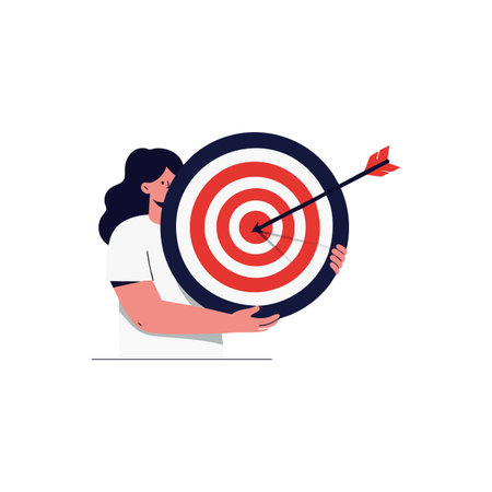 Illustration shows a woman holding a red and black target board with an arrow perfectly hitting the center, symbolizing focus and success. Calm.のイラスト素材