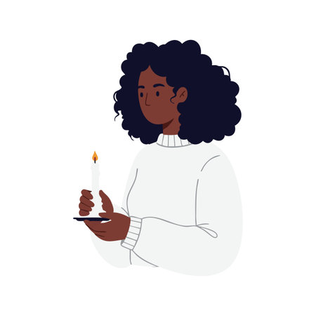 Illustration of a woman with curly hair holding a lit candle in a white sweater, depicted in portrait style, peaceful and calm mood.のイラスト素材