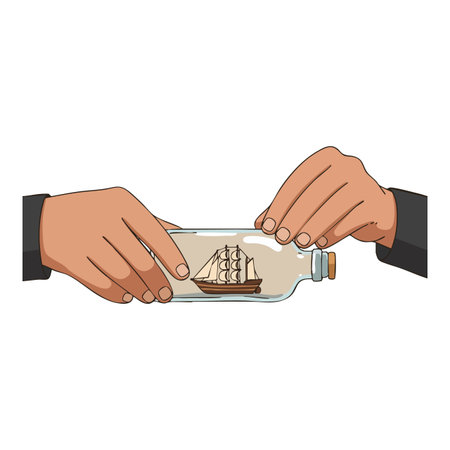 Illustration shows hands carefully holding a glass bottle containing a detailed miniature sailing ship. The scene conveys creativity and patience. Calm mood.のイラスト素材